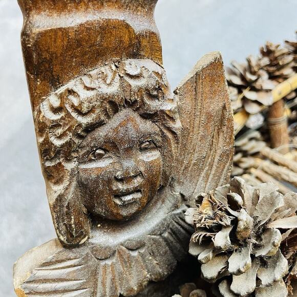 Vintage Handmade Wooden Angel Basket Brown Hand Carved Twig Pinecone Handled - Picture 5 of 11